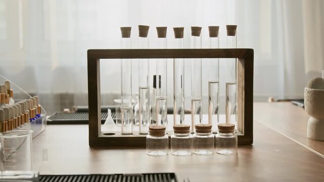Glass test tubes filled with liquid standing in wooden rack on table during perfumer master class. Video is suitable for cosmetics branding, organic beauty product marketing and workshop promos