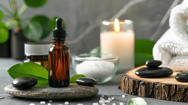 A relaxing spa arrangement featuring aromatherapy oil, smooth stones, and a lit candle to promote relaxation and rejuvenation. The setting suggests a calming atmosphere for self-care.