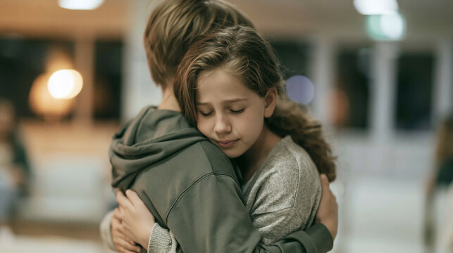 Young girl finding solace in a warm hug from a child, conveying support, connection, and childhood emotions