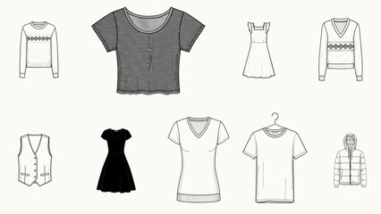 Collection of diverse fashion clothing items including sweaters, dresses, t-shirts, a vest, and a puffer jacket, flat vector line illustrations. © MdMucha