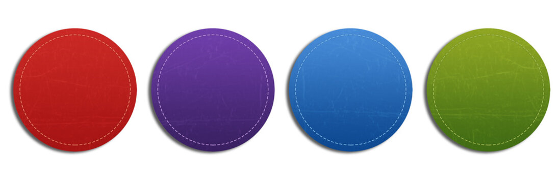 Colorful grunge texture circle badges with dashed stitch border on png, red purple blue green patch shapes, fabric denim sticker design elements.
