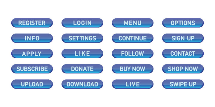 A set of rounded, blue glossy buttons featuring common user interface commands and actions for websites and applications. Collection of blue glossy buttons with various action words for web interfaces