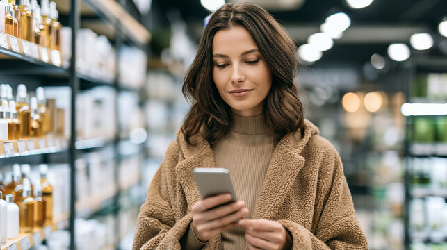 Woman standing in a retail store aisle, comparing products and checking information on her smartphone, enjoying modern shopping