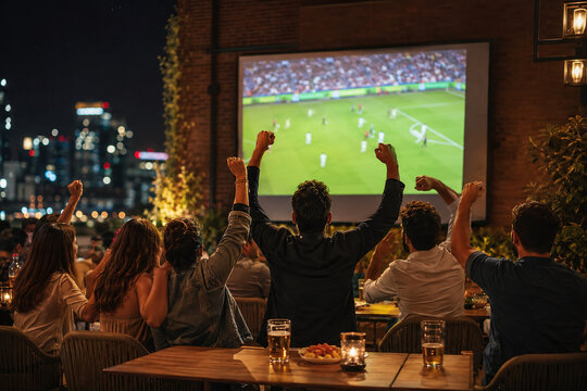 Group of friends cheering and drinking beer while watching a soccer match on a large outdoor screen at a bar terrace at night with city skyline lights. Urban nightlife and sports fan concept.