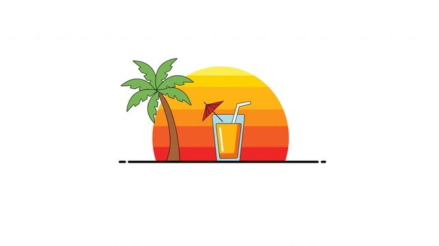 A vibrant and minimalist vector illustration depicting a quintessential tropical summer scene. The design features a stylized green palm tree standing tall on the left, balanced by a refreshing glass 