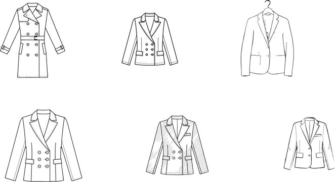 Collection of professional women's blazer jackets and a trench coat in flat vector line art fashion design technical sketches.