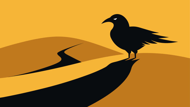 Black raven standing on a golden landscape