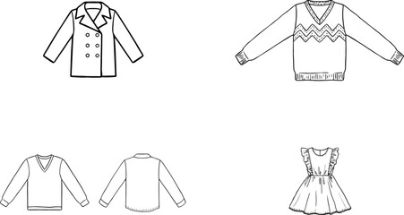 Fototapeta premium Collection of various fashion apparel items including jackets, sweaters, shirts, and a ruffled dress as flat vector line illustrations.
