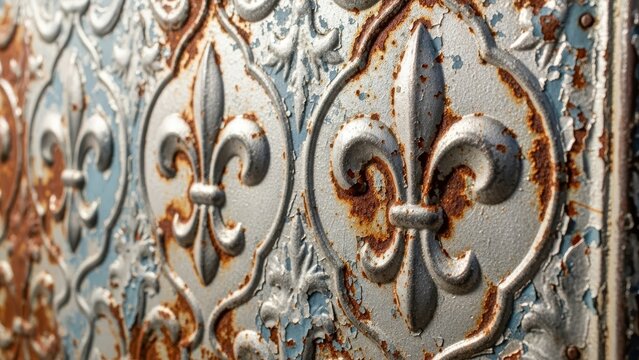 Rusty stamped metal ceiling tile with silver fleur de lis.