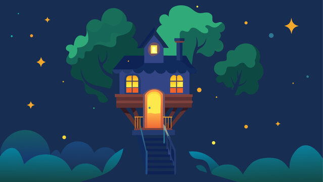 A treehouse at night with stars around it