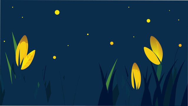 Fireflies glowing in the night garden scene