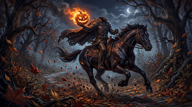 Headless Horseman rides a black horse through a dark forest holding a flaming jack o lantern on Halloween night