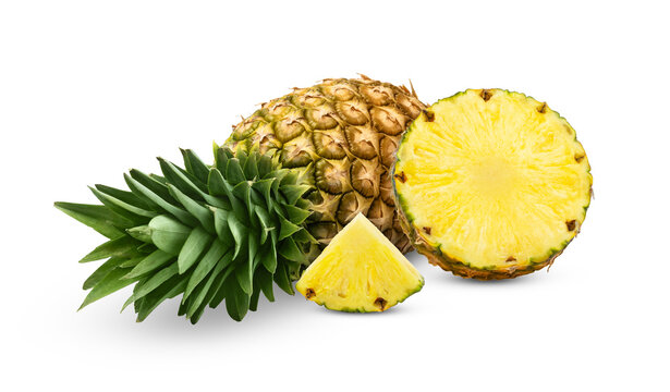 Juicy pineapple and slices isolated. Whole pineapple and cut in half of ananas with slice in triangular shape of pineapple isolate.