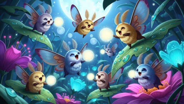 Fluffy magical moth creatures carrying glowing orbs among plants.