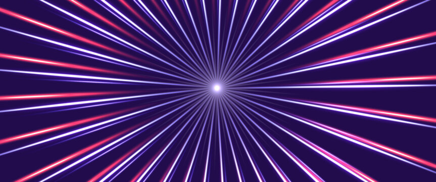 Radial motion effect. High speed light rays, zoom in motion blur effect, starburst dynamic lines and hyperspace jump. Vector abstract tunnel through space background.