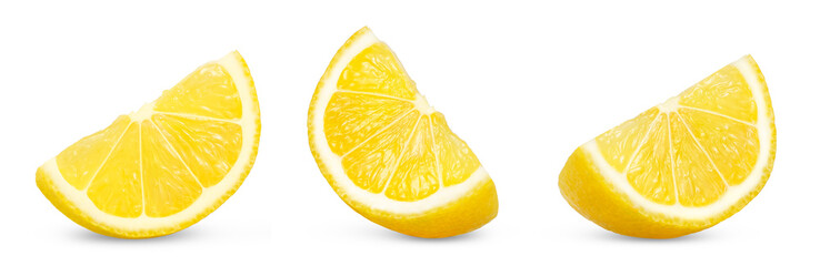 Yellow lemon slice set. Citrus fruit isolated on white background .Lemon slices collection. Full depth of field.