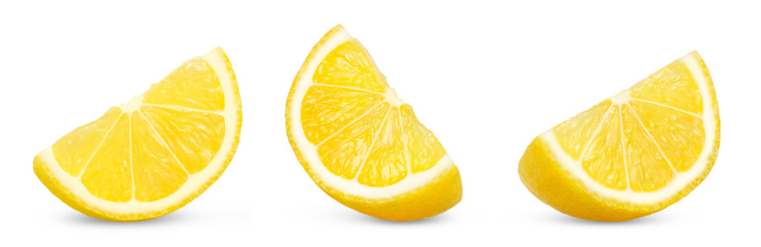 Yellow lemon slice set. Citrus fruit isolated on white background .Lemon slices collection. Full depth of field.