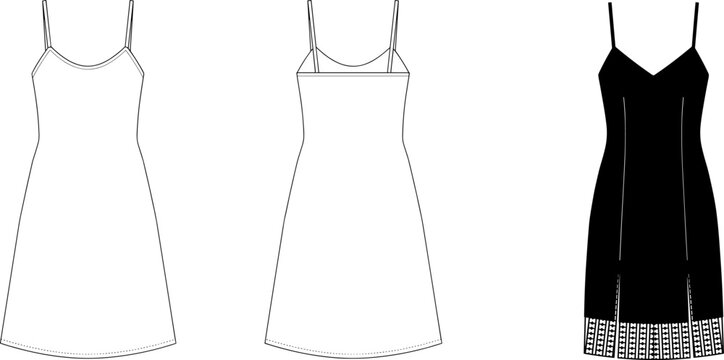 Collection of women's camisole dress technical fashion sketches in black and white line art vector style for apparel design projects.