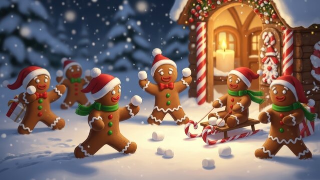Happy gingerbread cookies throwing snowballs outside festive illuminated holiday house.