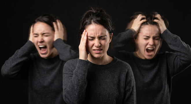 Conceptual portrait of a distressed woman with motion blur effects depicting severe mood swings, inner conflict, panic, and symptoms of bipolar disorder