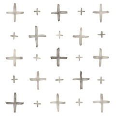 Fototapeta premium Crosses painted in watercolor on white background in artistic pattern