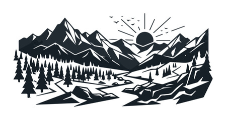 Stylized mountain landscape with pine trees and a river at sunrise minimalist vector illustration for outdoor adventure and nature themes © Irhama Iqbal 