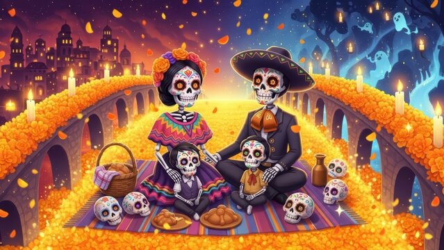 Skeleton family celebrating Day of the Dead on marigold bridge.