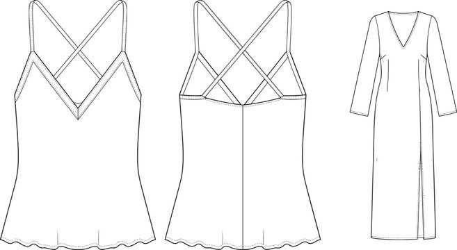 Technical fashion sketches of women's camisole tops with crisscross straps and a long sleeve v-neck dress with side slit.
