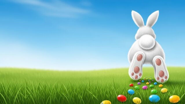 Fluffy white bunny rear end sitting among scattered Easter eggs.