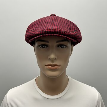 Mannequin wearing a red and black checkered flat cap
