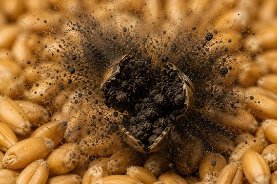Tilletia &mdash; Common Bunt Ball Releasing Teliospores on Wheat Threshing. Macro freeze-frame of Tilletia caries bunt ball exploding during wheat threshing, releasing cloud of dark teliospores 