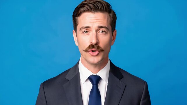 A professional man with a mustache wearing a suit and tie against a blue background.