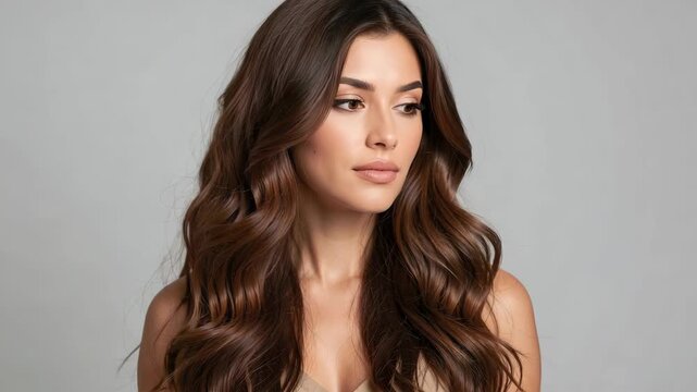 A young woman with long wavy brown hair looking directly at the camera. She has a neutral expression on her face and is wearing what appears to be a light-colored top.
