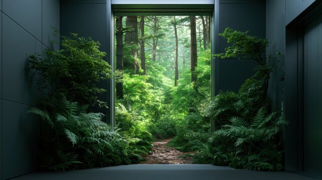 Wide angle elevator opens to a glowing magical forest instead of a new floor