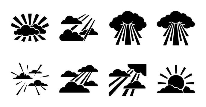 Sun and Cloud Icons: Weather, Light Rays, Sunshine, Sky Elements