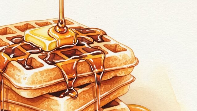 Stack of square waffles covered in melting butter and maple syrup.