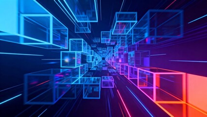 Fototapeta premium Scientific and technological background of blue-violet transparent cubic light track tunnel 