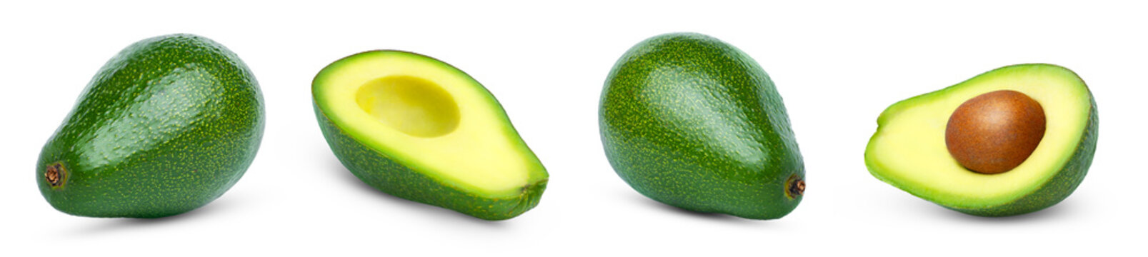 Fresh fuerte avocados collection isolated. Whole green avocado, cut in a haf of avocado with brown seed and slice of avocado without seed set isolated.
