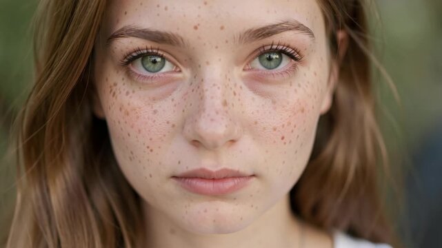 Young woman with freckles gazes directly at camera. Soft focus background enhances facial detail. Green eyes meet viewer with calm expression. Hair frames face naturally in gentle light