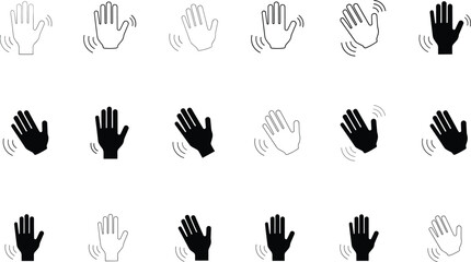 Fototapeta premium Waving hand icon vector set featuring greeting gesture symbols in linear and solid styles for communication graphic design element.