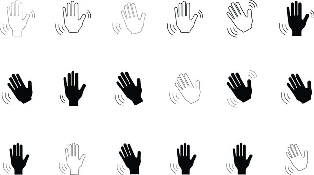 Waving hand icon vector set featuring greeting gesture symbols in linear and solid styles for communication graphic design element.