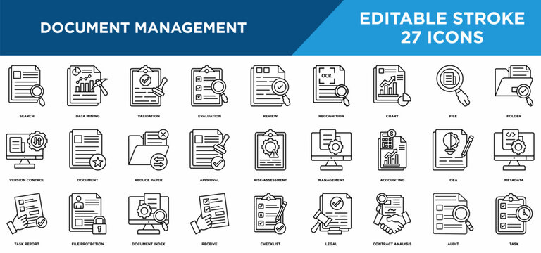 Document management line icons set with search, data mining, validation, evaluation, review, recognition, chart, and file concepts. Editable stroke vector collection.
