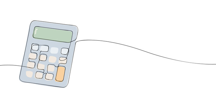 Calculator with display and numeric keypad illustrated in continuous one line drawing style, isolated on a light background. Accounting, budgeting, financial calculation and bookkeeping concept.