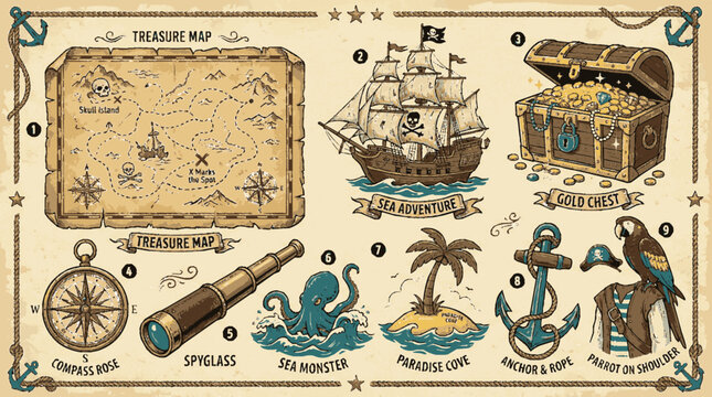 Pirate adventure collection with treasure map and nautical elements vector set