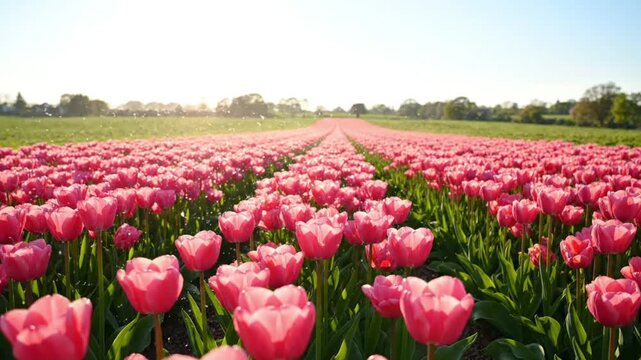 Beautiful blooming pink tulips in a vast field under the golden sunlight of a bright spring day