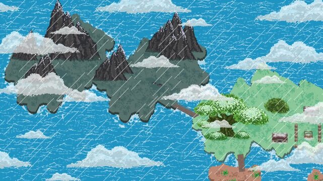Pixel art animation of a medieval fast travel map with rain over the sea with trees and mountains,clouds, pixel.