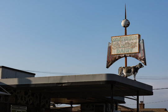 Sign for the famous locally-owned Montebello Dairy, Montebello, California, March 2020