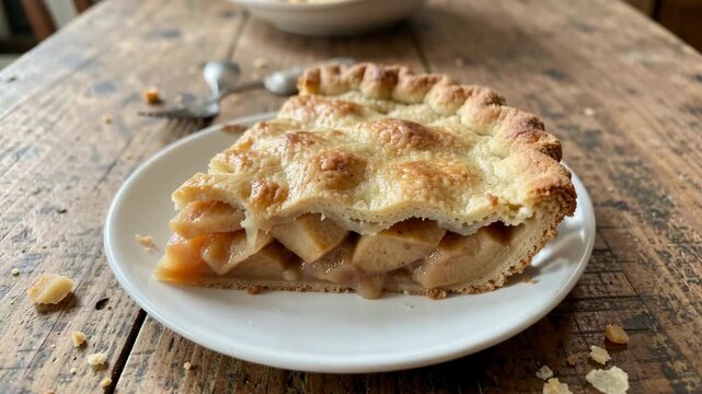 A fresh baked apple pie on a plate with a knife, ready to be served.