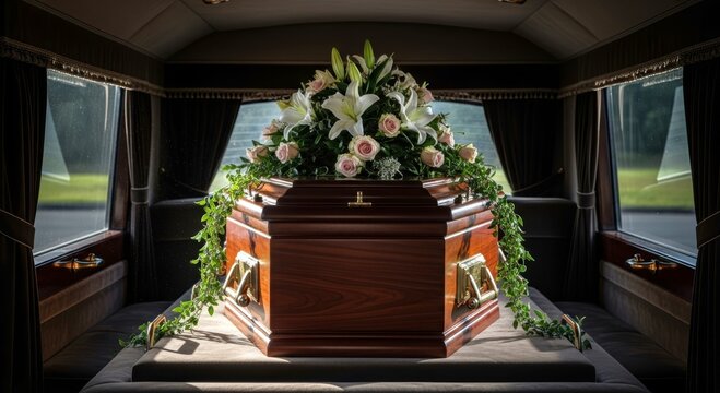 Wooden casket with floral arrangement inside a funeral hearse. Transport of deceased in vehicle for burial service. Concept of mourning, loss, final goodbye, memorial and cemetery.