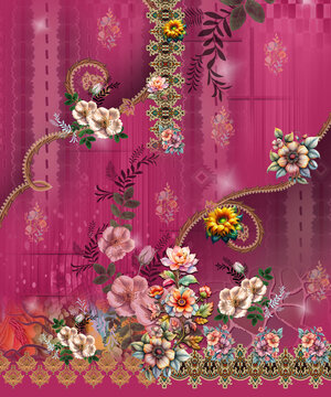 Intricate Digital Print Kurti Design with Floral Motifs and Ornate Borders for Ethnic Textile Printing